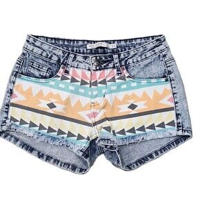 Iris Aztec Southwest Style Blue Denim Shorts Small